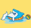 cute baby shark lifebuoy ocean colorful ball. cartoon animal travel holiday vacation summer concept Isolated illustration. Flat