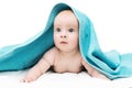 Cute baby after shower with blue towel on head Royalty Free Stock Photo