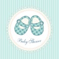 Cute baby shower card with baby shoes as retro fabric applique in shabby chic style