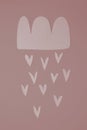 Cute Baby Shower Composition with Cloud and Rain of Dropping Hearts on Dusty Pink Background. Royalty Free Stock Photo