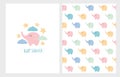 Cute Baby Shower Hand Drawn Illustration Set.Pastel Colors Little Elephants Card and Pattern.