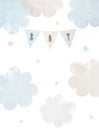 Cute Baby Shower Illustration with Fluffy Blue and Gray Clouds on a White Background. Royalty Free Stock Photo