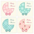 Cute baby shower invitation as retro fabric applique of baby carriage in shabby chic style