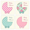 Cute baby shower invitation as retro fabric applique of baby carriage in shabby chic style