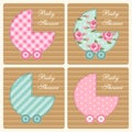 Cute baby shower invitation as retro fabric applique of baby carriage in shabby chic style