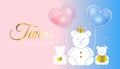 Cute Baby Shower Invitation Design. Blue and Pink Twins It`s a Girl and a Boy Vector Illustration with Gold Bears and Heart Royalty Free Stock Photo