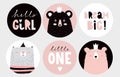 Cute Baby Shower Round Shape Vector Tags. Baby Girl Party Cake Toppers. Royalty Free Stock Photo