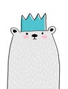 Sweet Infantile Style Nursery Art with Funny Big Bear Wearing Blue Crown. Royalty Free Stock Photo