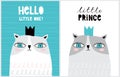 Little Prince. Hello Little One. Sweet Nursery Art with Funny Cat Wearing Crown. Royalty Free Stock Photo