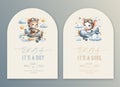 Cute baby shower watercolor arch invitation card with bear and rabbit pilot on an airplane. Hello baby calligraphy.