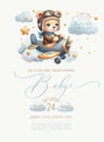 Cute baby shower watercolor invitation card with bear pilot on an airplane. Authors calligraphy. Royalty Free Stock Photo