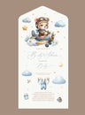 Cute baby shower watercolor invitation card with bear pilot on an airplane. Authors calligraphy.