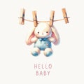 Cute baby shower watercolor invitation card with plush toy bunny. Hello baby calligraphy.