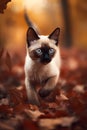 Cute baby siamese kitten in a bright autumn fall landscape with golden leaves Royalty Free Stock Photo