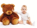 Cute baby sitting with big teddy bear on white Royalty Free Stock Photo