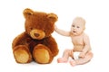 Cute baby sitting with big teddy bear on white Royalty Free Stock Photo