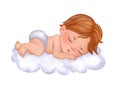 Cute baby sleeping on a cloud. Watercolor cartoon illustration of red hair baby boy in blue. Royalty Free Stock Photo