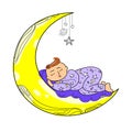 Cute baby sleeping on the moon vector cartoon illustration isolated on white background.Newborn baby sleep