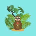 Cute baby sloth eating watermelon ice cream. Cartoon character. Wild jungle animal collection. Baby education. Isolated Royalty Free Stock Photo