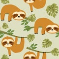 Cute Baby Sloth Seamless Pattern, Cute Animal Surface Pattern, Sloths Vector Repeat Pattern for Home Decor, Textile Design, Fabric