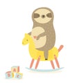 Cute baby sloth swinging rocking horse