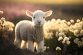 A cute baby spring lamb in a field of spring flowers. Generative ai