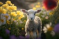 A cute baby spring lamb in a field of spring flowers. Generative ai