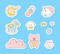 Cute Baby Stickers Collection, Baby Boy or Girl Arrival Cartoon Vector Illustration