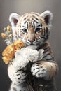 A cute baby tiger holds a bouquet of white flowers in its paws.