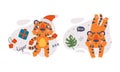 Cute baby tigers set. Funny orange striped jungle wildcat character in different activities. Happy New Year cartoon Royalty Free Stock Photo