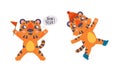 Cute baby tigers set. Funny orange striped jungle wildcat character waving red flag and skating. Happy New Year cartoon Royalty Free Stock Photo