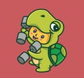 cute baby turtle lift a dumbbell fitness. cartoon animal sports concept Isolated illustration. Flat Style suitable for Sticker