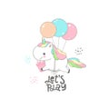 Cute Baby Unicorn Fly on Balloon Dream Card Design. Magic Fantasy Pony Character Holding Gift Box Birthday Banner Can be