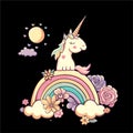 Cute baby unicorn, rainbow, flowers. Pastel cartoon character little horse animal. Vector delicate illustration for