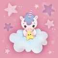 Cute baby unicorn sitting on a cloud.Children illustration. Royalty Free Stock Photo