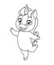 Cute baby unicorn standing on one leg. Vector coloring page.