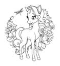 Cute baby unicorn surrounded with flowers. Vector black and white illustration for coloring page.