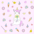 Cute baby unicorn vector illustration in pastel rainbow colors. cartoon style. Hand drawing. Cute animal Royalty Free Stock Photo