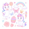 Cute baby unicorns with sweets, flowers and butterflies. Vector illustrations set on white background. Royalty Free Stock Photo