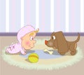 Cute Baby Vector Character. Crawls with dog