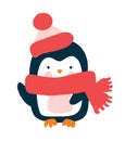 Cute baby vector penguin in knitted red scarf and hat in cartoon style. Isolated on white background flat illustration Royalty Free Stock Photo