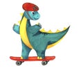 Cute Baby watercolour sport Dinosaur on red skateboard. Sports equipment. Hand drawn illustration isolated on white