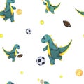 Cute Baby watercolour sport Dinosaur seamless pattern with american football ball, soccer, tennis. Sports equipment Royalty Free Stock Photo