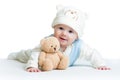 Cute baby weared funny hat with plush toy