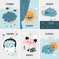 Cute baby weather cards. Childish educational posters with different seasons, phenomenon themes. Stormy and sunny, rainy