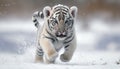 Cute baby white tiger running on snow