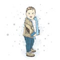 Cute baby in winter clothes. A boy in a jacket and jeans. Children`s f Royalty Free Stock Photo