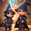 Cute baby wizard brother and sister in magical castal+