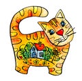 Cute baby yellow cat cartoon hand drawn style illustration with houses, for fabric, printing card, shirt, wallpaper