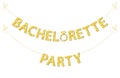 Cute bachelorette party bunting as gold glitter letters and engagement ring